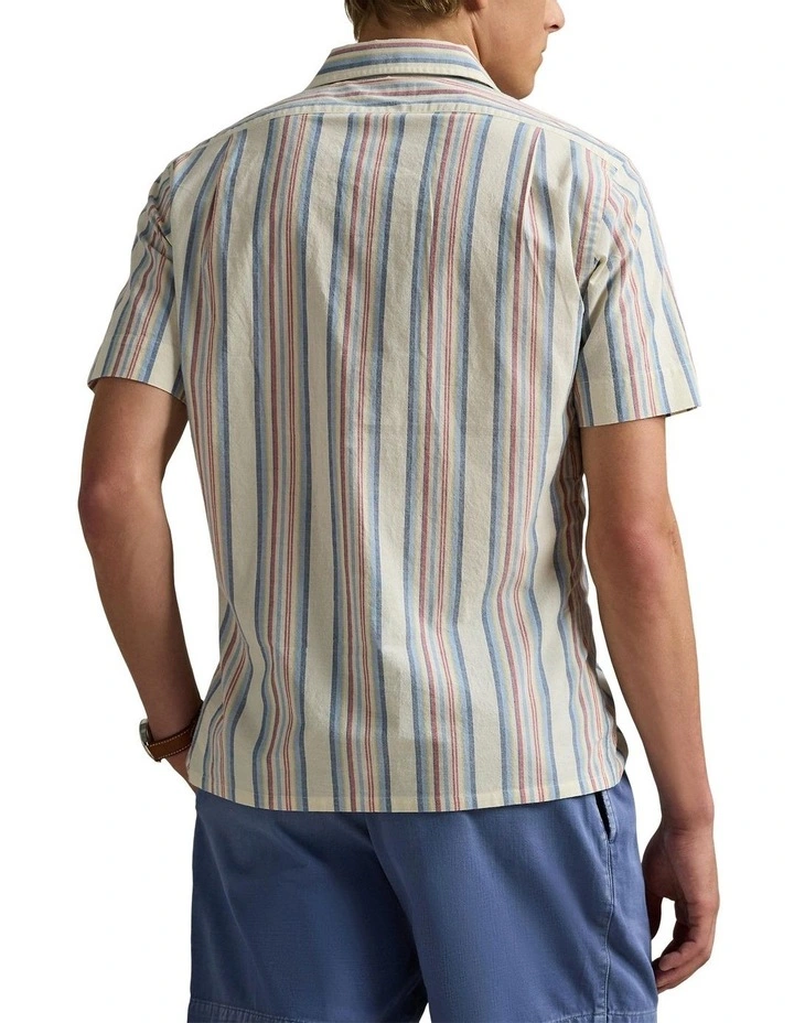 Classic Fit Striped Chambray Camp Shirt in Natural image 2