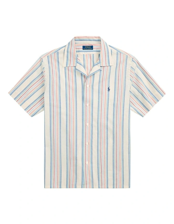 Classic Fit Striped Chambray Camp Shirt in Natural image 4