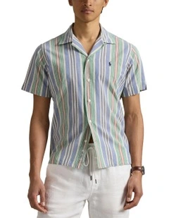 Classic Fit Striped Chambray Camp Shirt in Blue