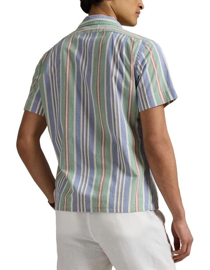 Classic Fit Striped Chambray Camp Shirt in Blue image 2
