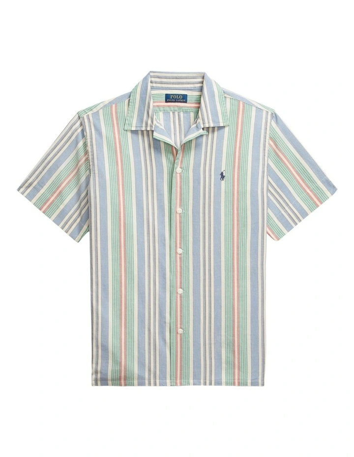 Classic Fit Striped Chambray Camp Shirt in Blue image 4