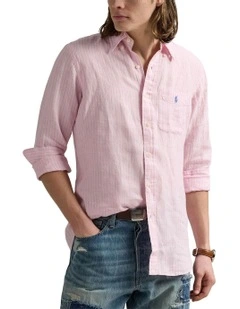 Classic Fit Striped Linen Shirt in Pink