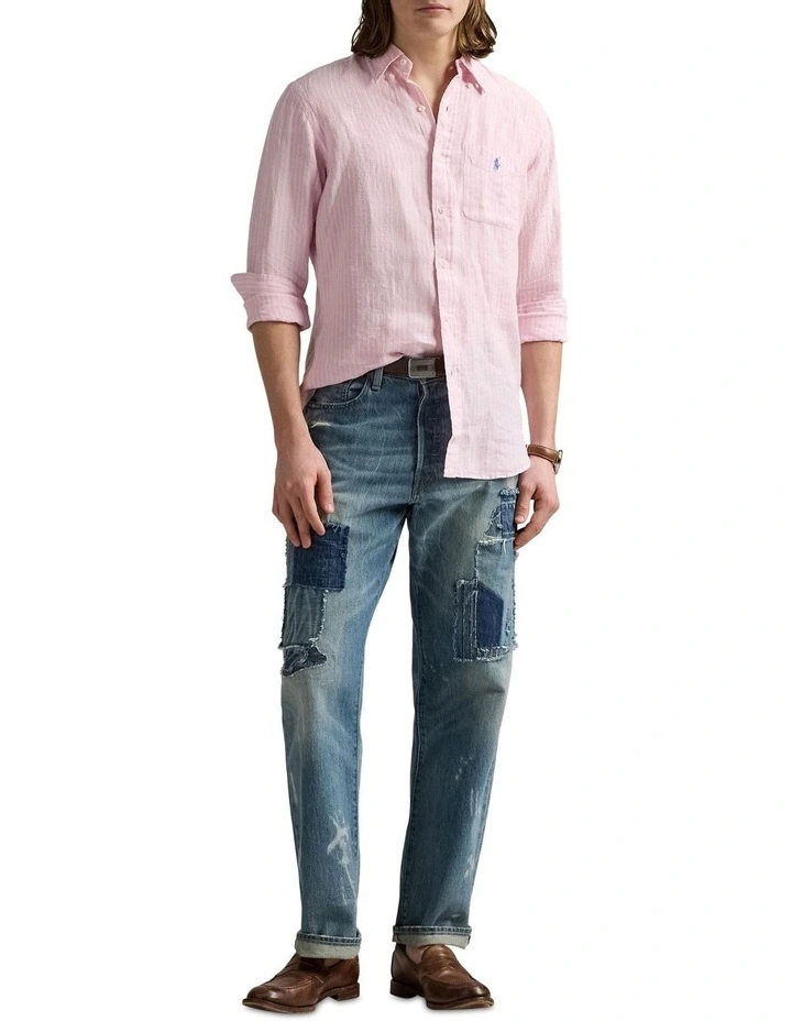 Classic Fit Striped Linen Shirt in Pink image 3