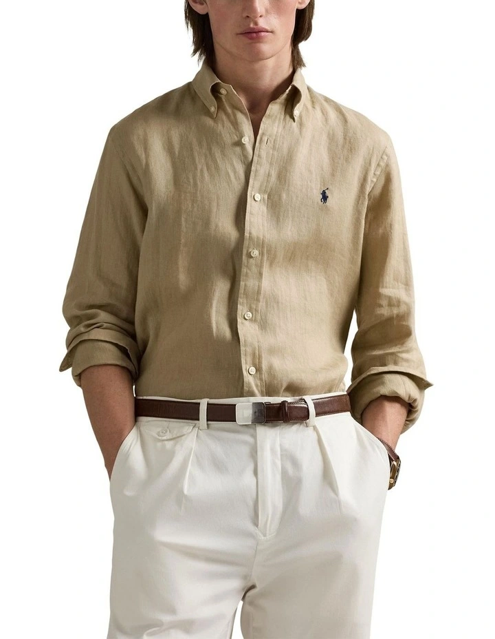 Classic Fit Linen Shirt in Beige image 1