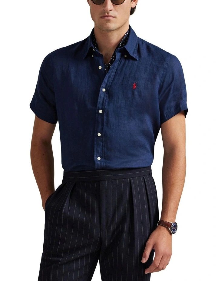 Classic Fit Linen Shirt in Navy image 1