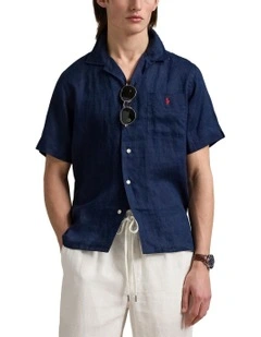 Classic Fit Linen Camp Shirt in Navy