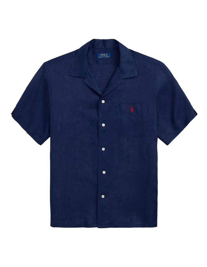 Classic Fit Linen Camp Shirt in Navy image 4