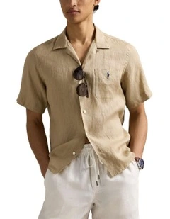 Classic Fit Linen Camp Shirt in Beige