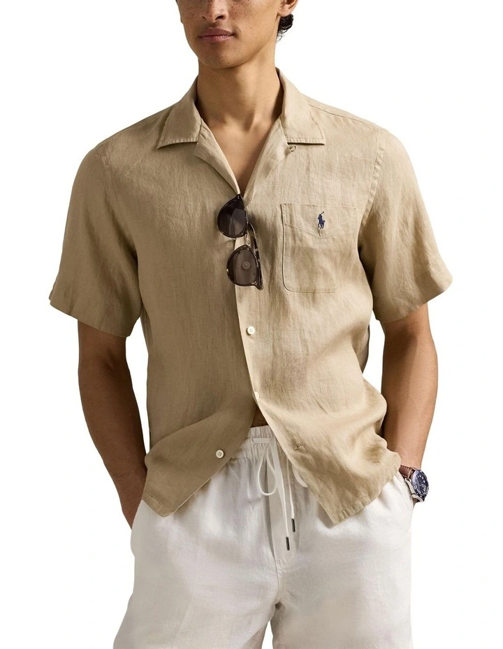 Classic Fit Linen Camp Shirt in Beige image 1