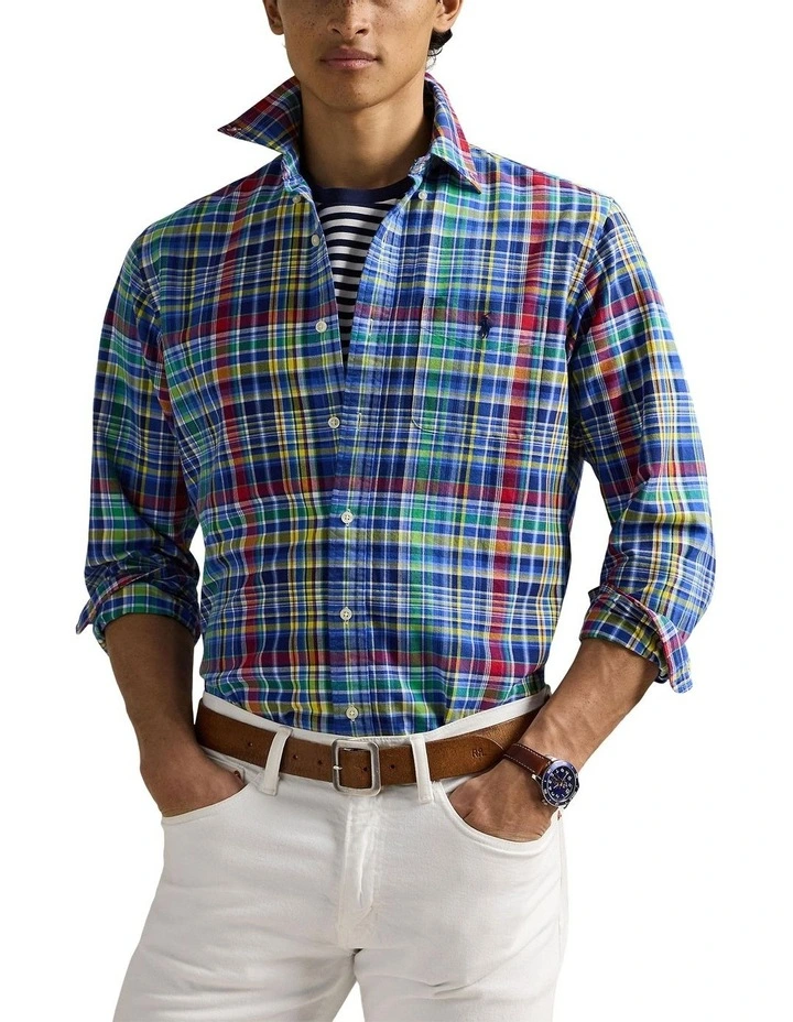 Classic Fit Plaid Oxford Shirt in Navy image 1