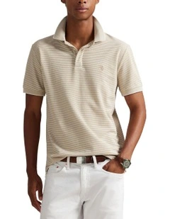 Custom Slim Fit Stretch Oxford Mesh Polo Shirt in Beige