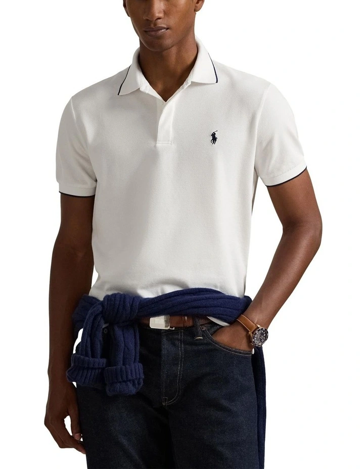 Custom Slim Fit Stretch Oxford Mesh Polo Shirt in White image 1