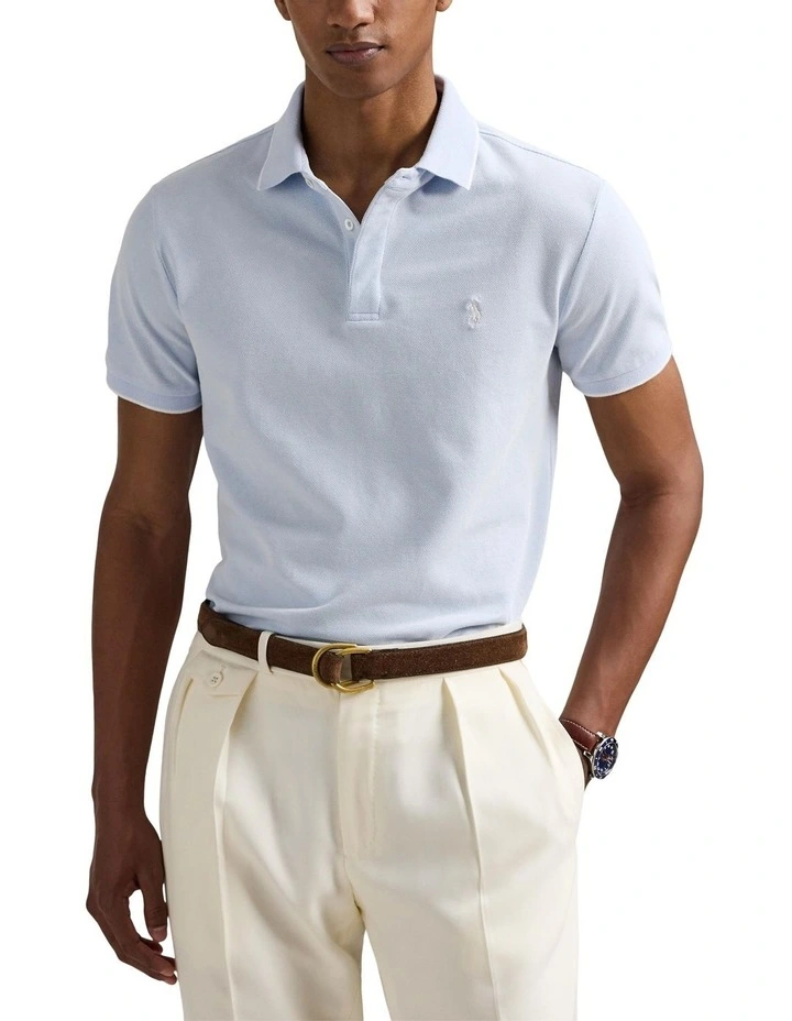 Custom Slim Fit Stretch Oxford Mesh Polo Shirt in Blue image 1