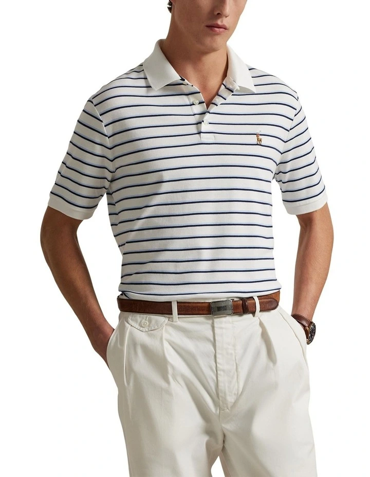 Classic Fit Striped Soft Cotton Polo Shirt in White image 1