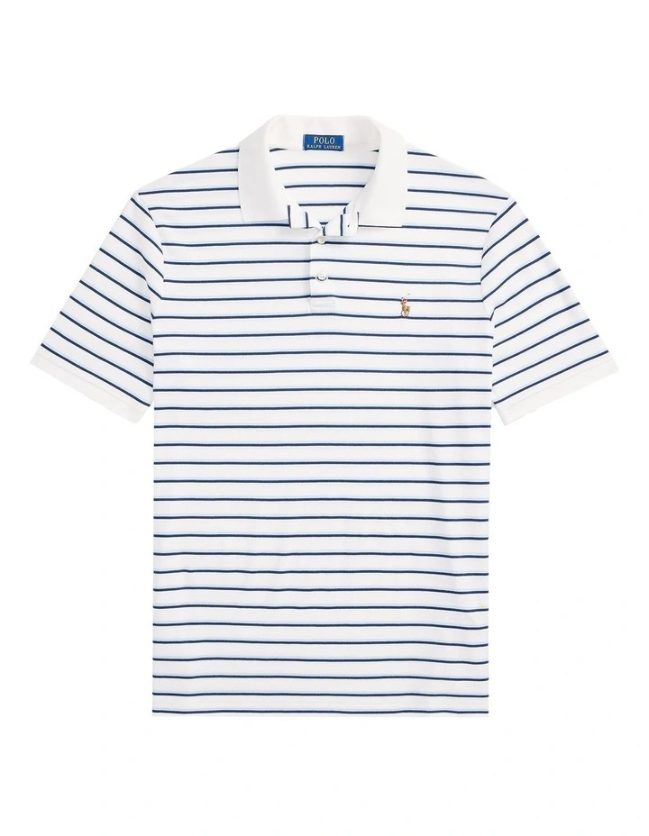 Classic Fit Striped Soft Cotton Polo Shirt in White image 4