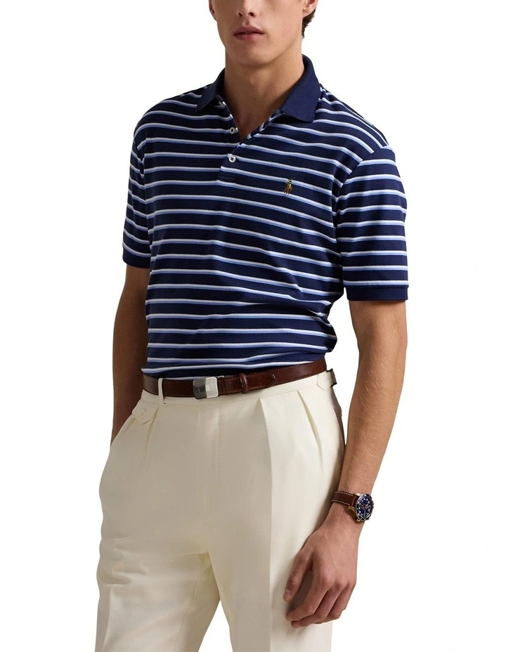 Classic Fit Striped Soft Cotton Polo Shirt in Blue image 1