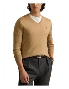 Slim Fit Washable Wool V-Neck Sweater in Brown