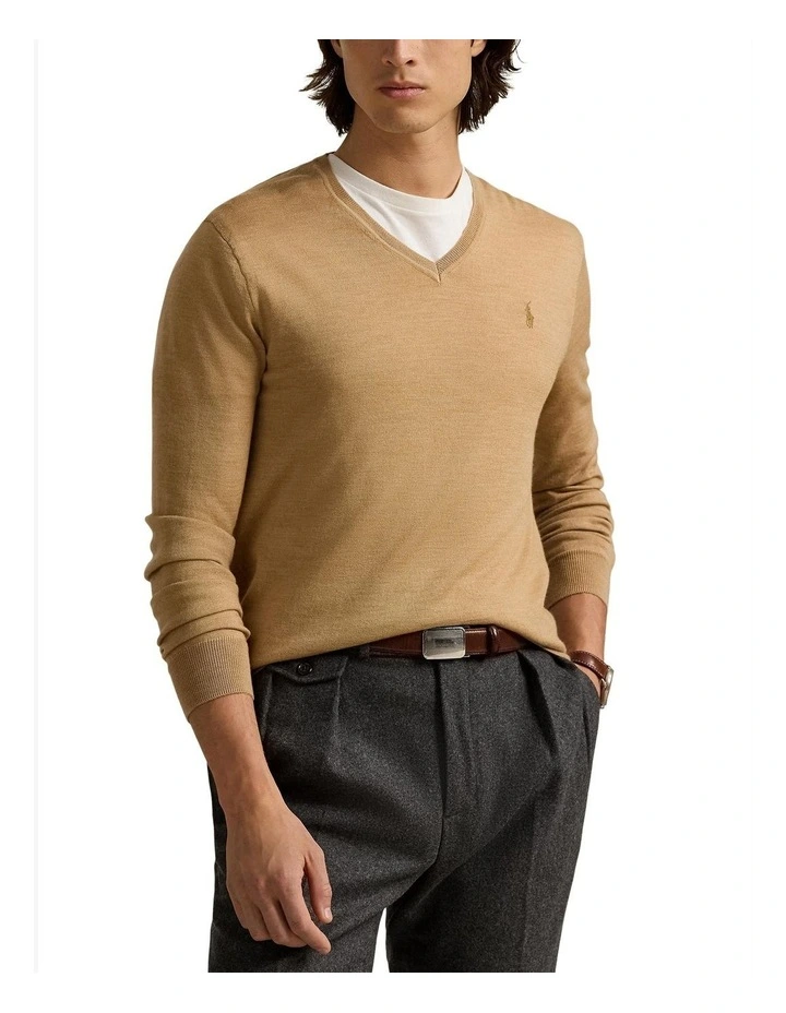 Slim Fit Washable Wool V-Neck Sweater in Brown image 1
