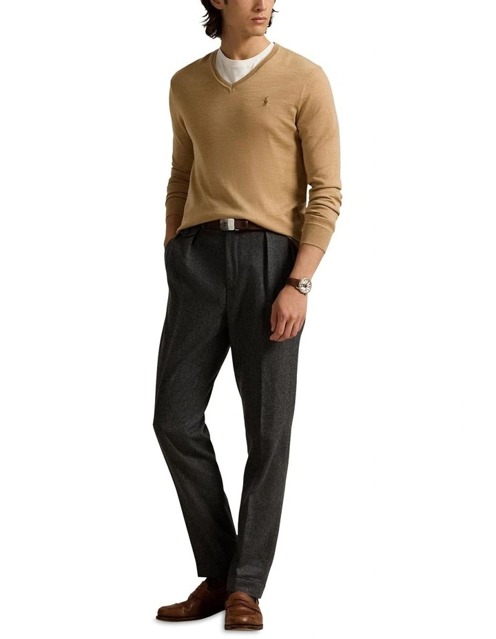 Slim Fit Washable Wool V-Neck Sweater in Brown image 3