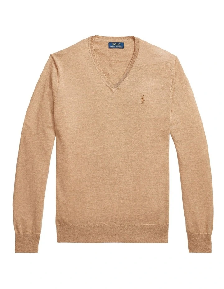 Slim Fit Washable Wool V-Neck Sweater in Brown image 4