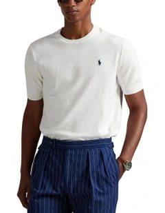 Cotton Crewneck Short-Sleeve Sweater in White