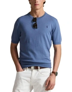 Cotton Crewneck Short-Sleeve Sweater in Blue