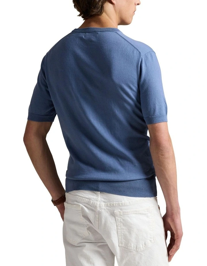 Cotton Crewneck Short-Sleeve Sweater in Blue image 2
