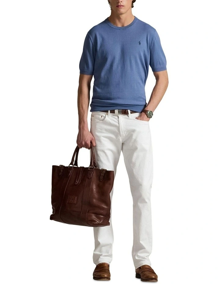 Cotton Crewneck Short-Sleeve Sweater in Blue image 3