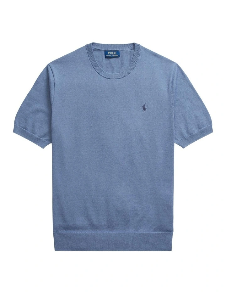Cotton Crewneck Short-Sleeve Sweater in Blue image 4