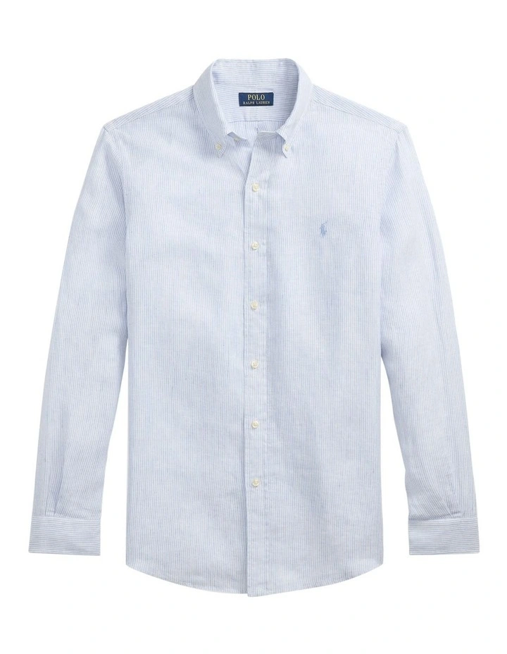 Classic Fit Striped Linen Shirt in Blue image 4