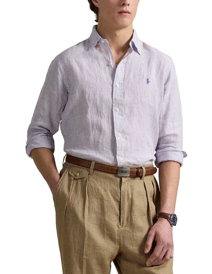 Classic Fit Striped Linen Shirt in Purple image 1