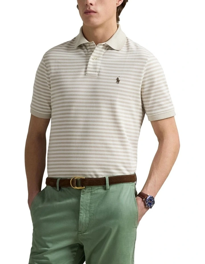 Custom Slim Fit Striped Mesh Polo Shirt in Beige image 1