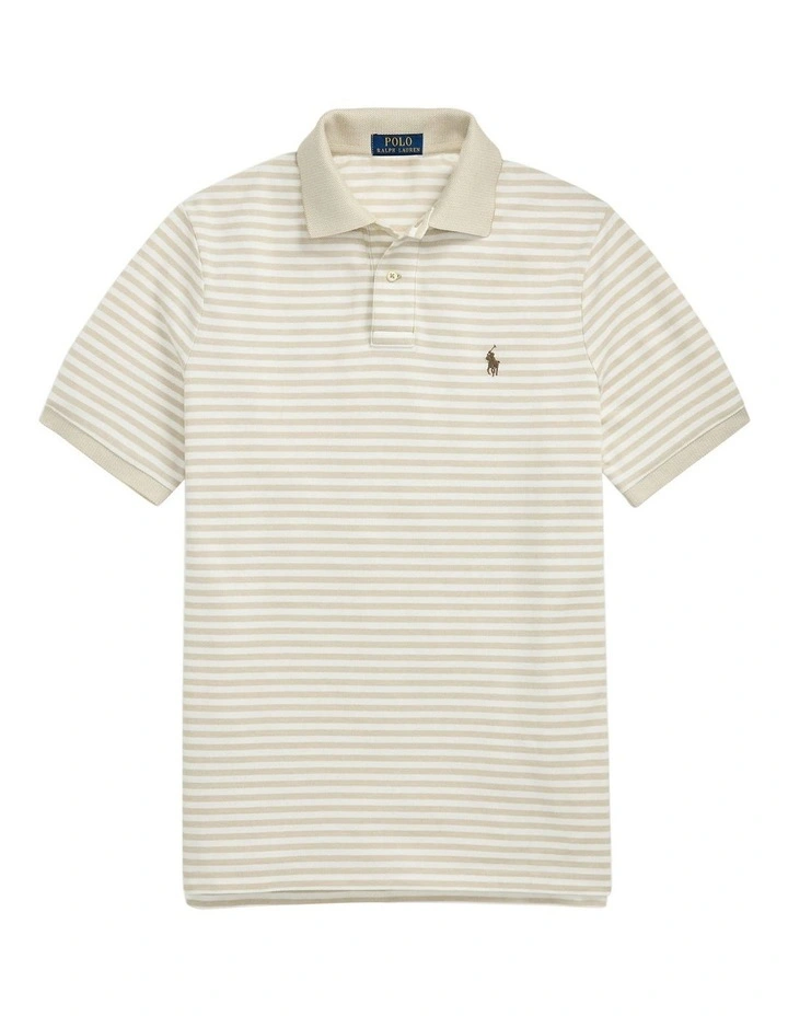 Custom Slim Fit Striped Mesh Polo Shirt in Beige image 4