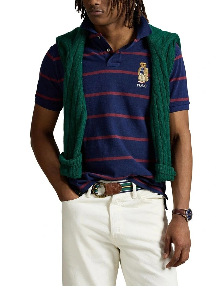 Custom Slim Fit Bear Mesh Polo Shirt in Blue image 1