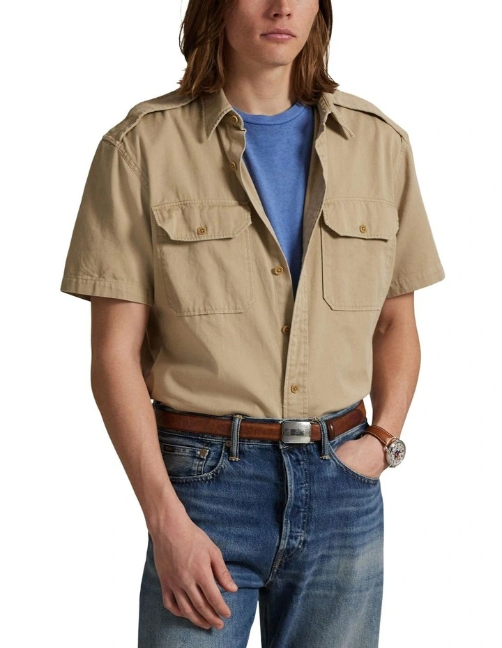 Classic Fit Twill Workshirt in Beige image 1