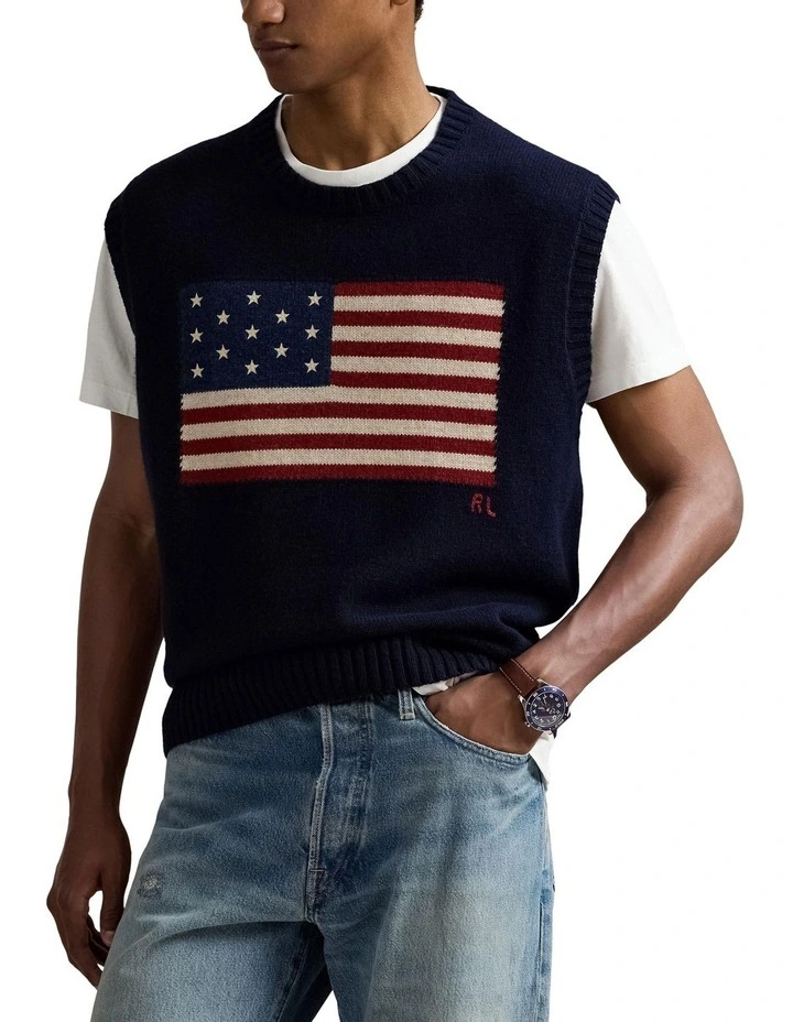 Big Fit Flag Sweater Vest in Blue image 1