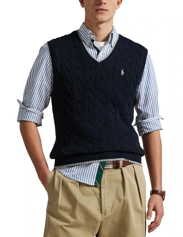 Cable-Knit Cotton Sweater Vest in Blackbl image 1