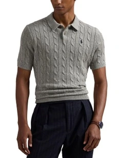 Cable-Knit Cotton Polo-Collar Sweater in Grey