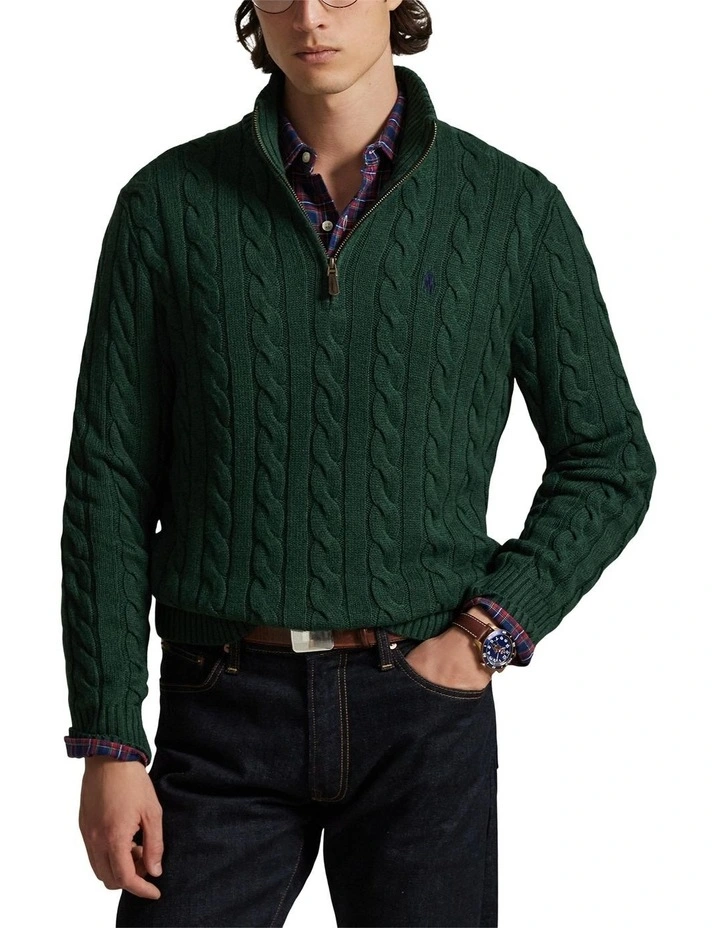 Cable-Knit Cotton Quarter-Zip Sweater in Green image 1