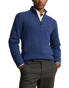 Cable Knit Quarter Zip Sweater in Blue