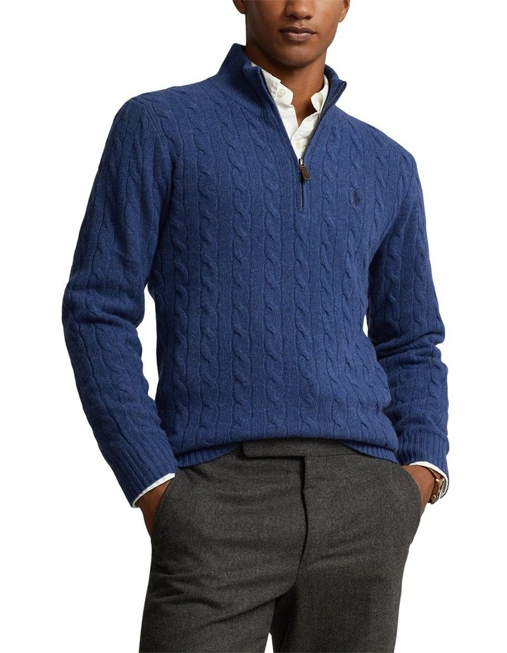 Cable Knit Quarter Zip Sweater in Blue image 1
