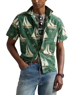 Classic Fit Sailboat Oxford Camp Shirt in Green