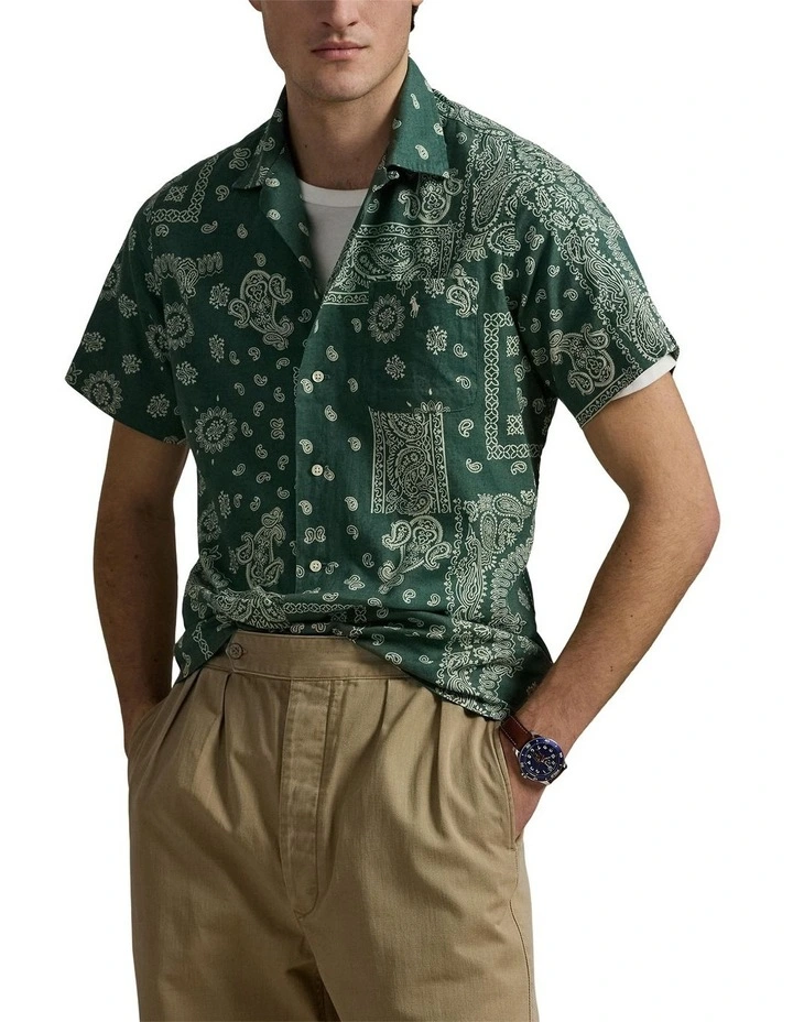 Classic Fit Bandanna Print Camp Shirt in Green image 1