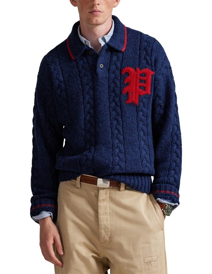 Cable-Knit Polo-Collar Letter Sweater in Blue image 1