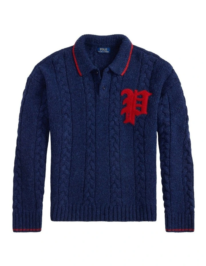 Cable-Knit Polo-Collar Letter Sweater in Blue image 4