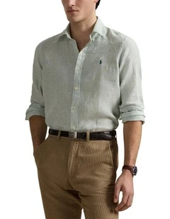 Classic Fit Striped Linen Shirt in Green