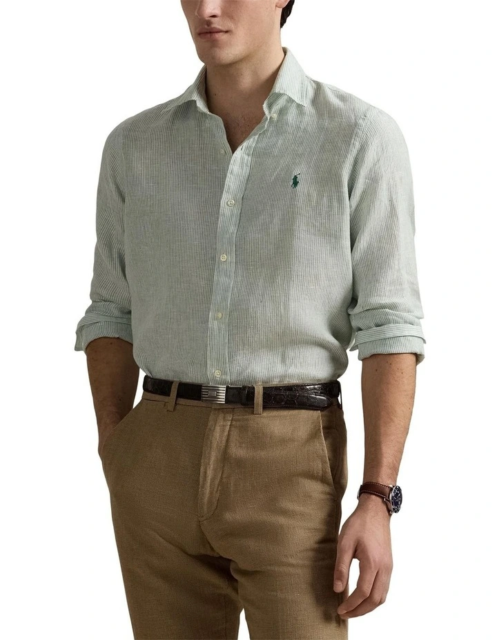 Classic Fit Striped Linen Shirt in Green image 1