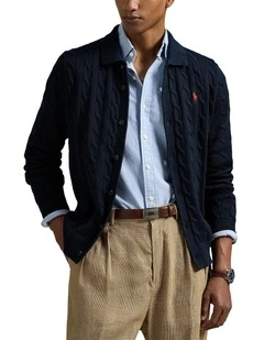 Cable-Knit Cotton Cardigan in Blue