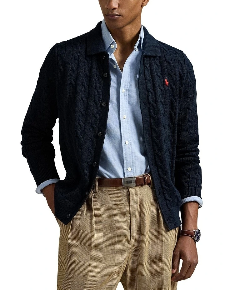Cable-Knit Cotton Cardigan in Blue image 1