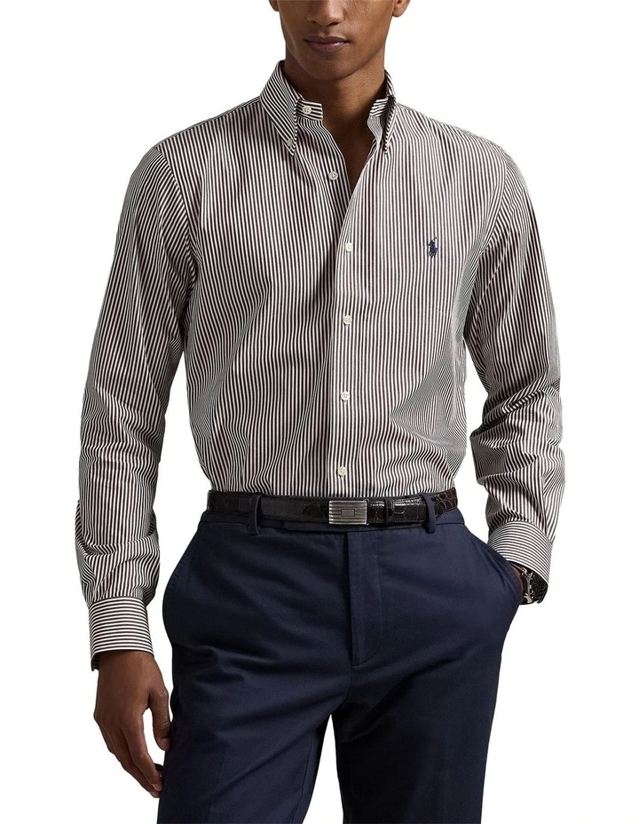 Classic Fit Striped Poplin Shirt in Brown image 1